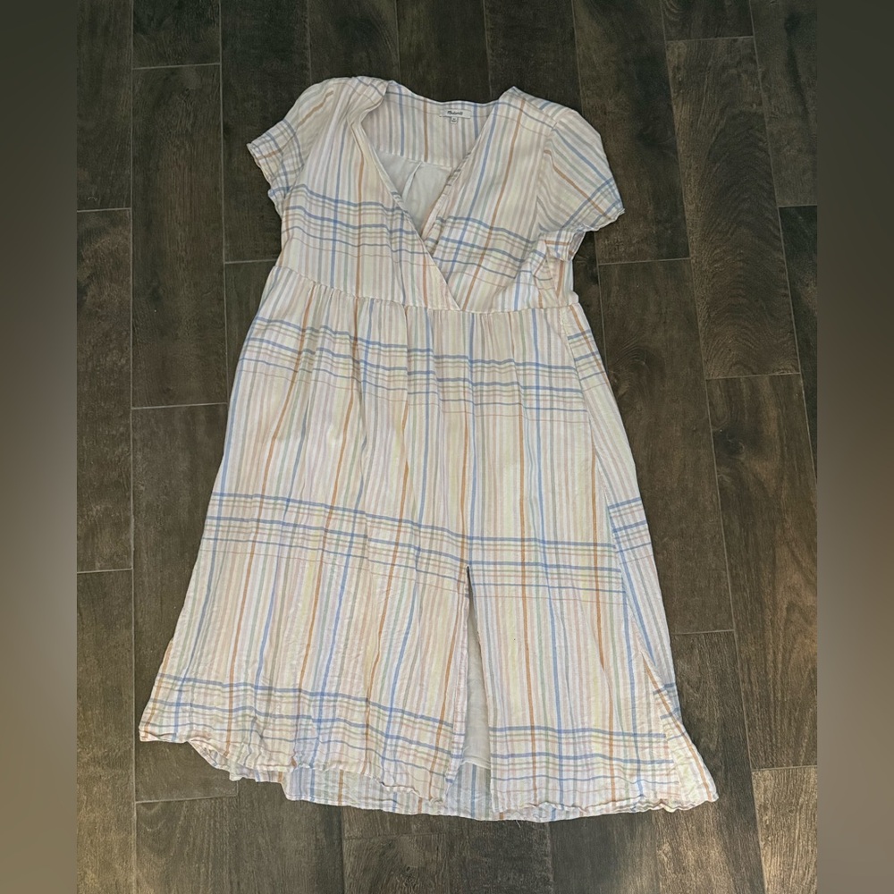 Madewell Linen-Blend Clara Midi Dress in Plaid Muted Blush Size XL